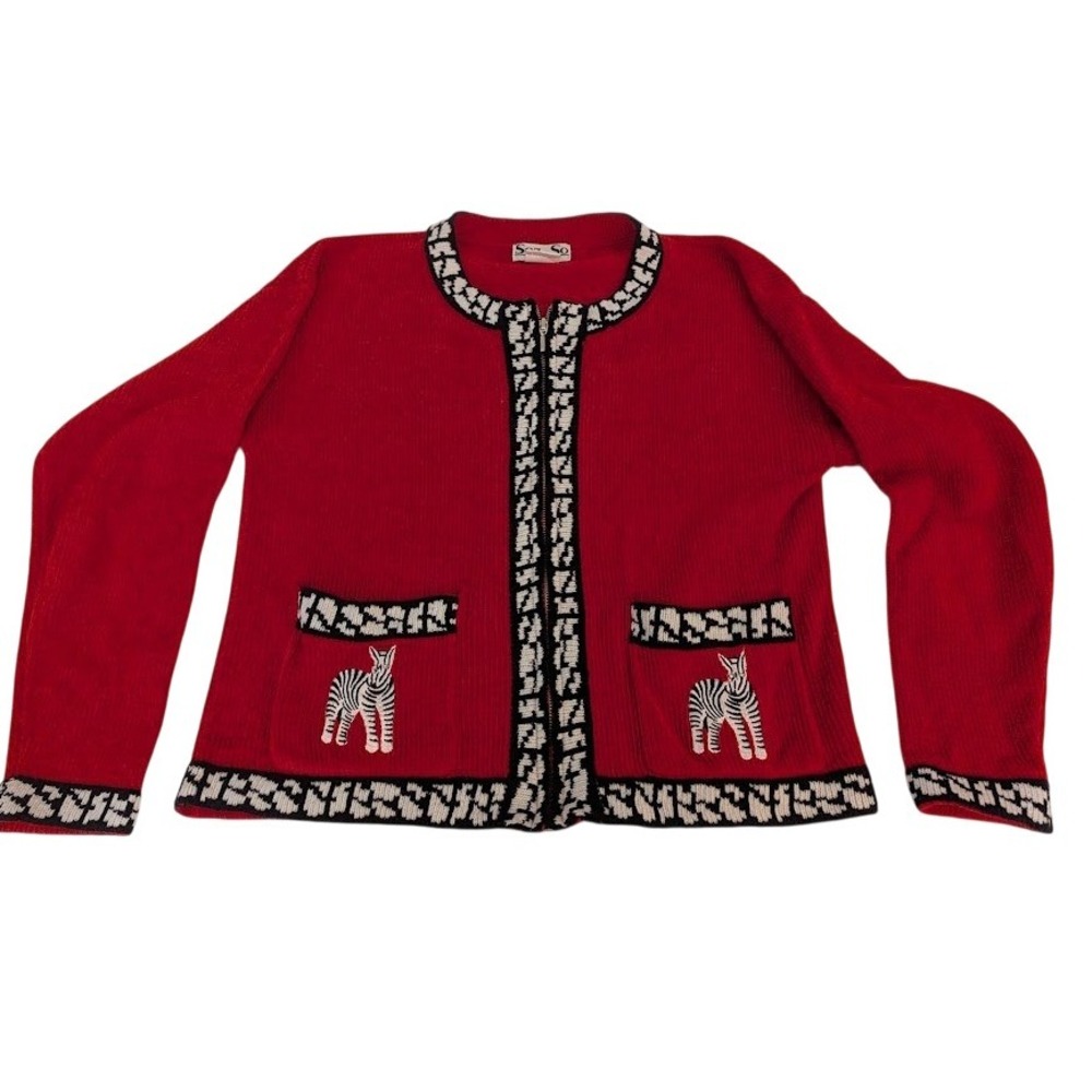 Vintage Sez So by Sacha Red Zebra Print Knit Cardigan Sweater Women's Size S